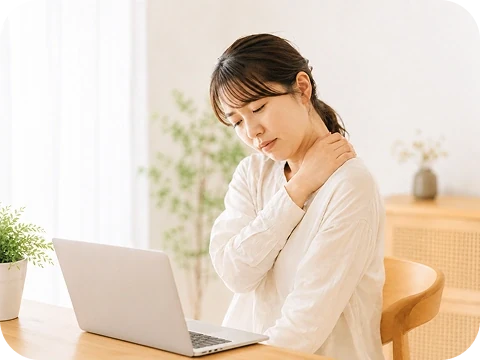 パソコンの前で首に手を当てる女性