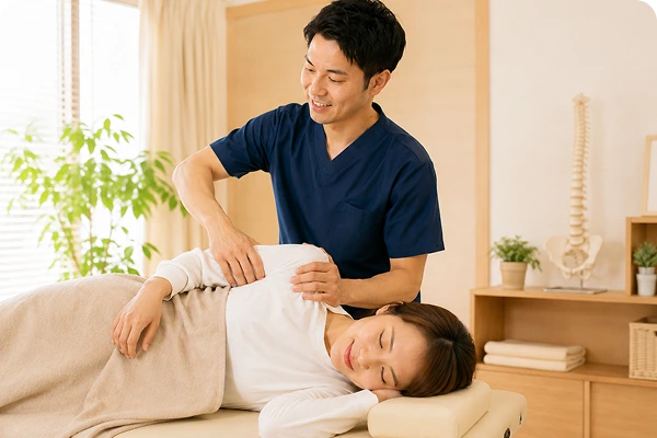 横向きに寝た方の身体をやさしく施術する様子
