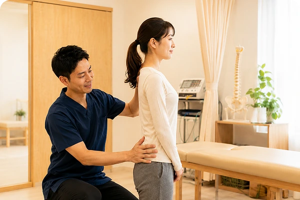 座った姿勢で背中や腰の状態を確認する様子
