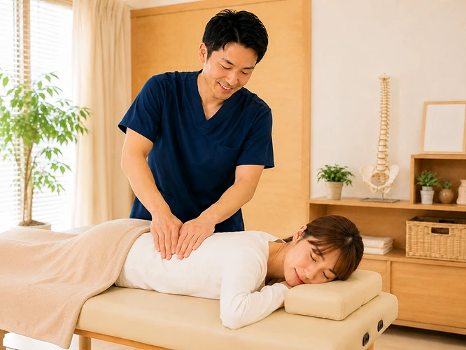 横向きに寝た方の腰をやさしく施術する様子
